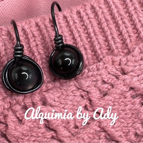 Black onyx ball spheres dangle earrings gunmetal goth - Picture 1 of 2